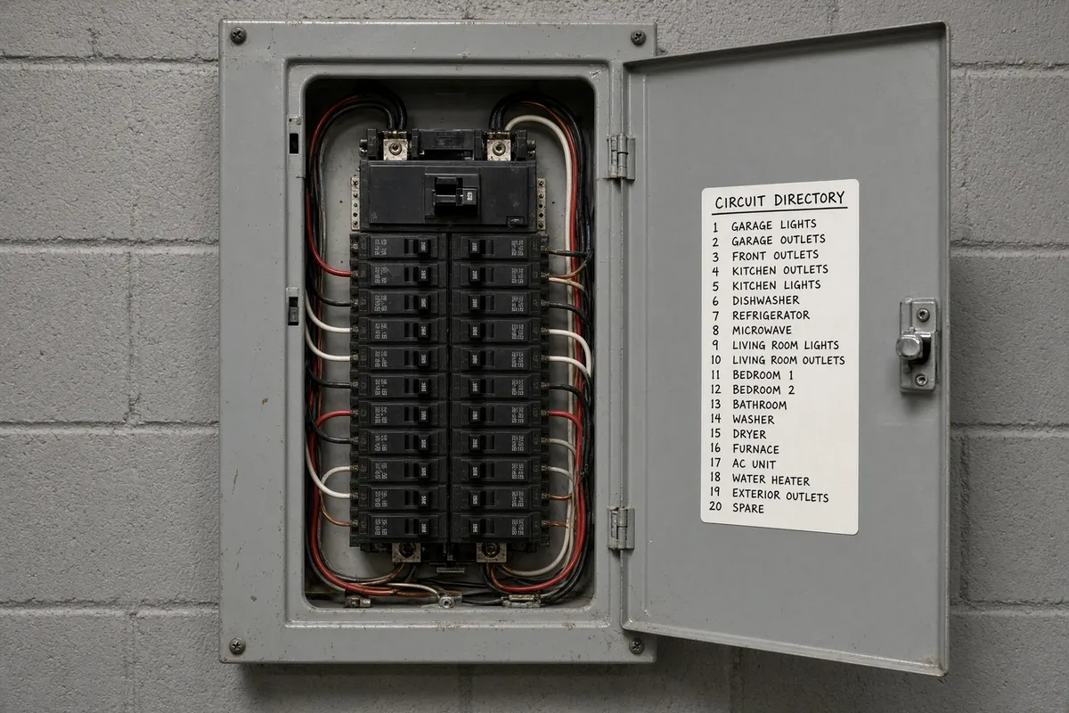 Photo: a crowded electrical panel with no spare spaces.
